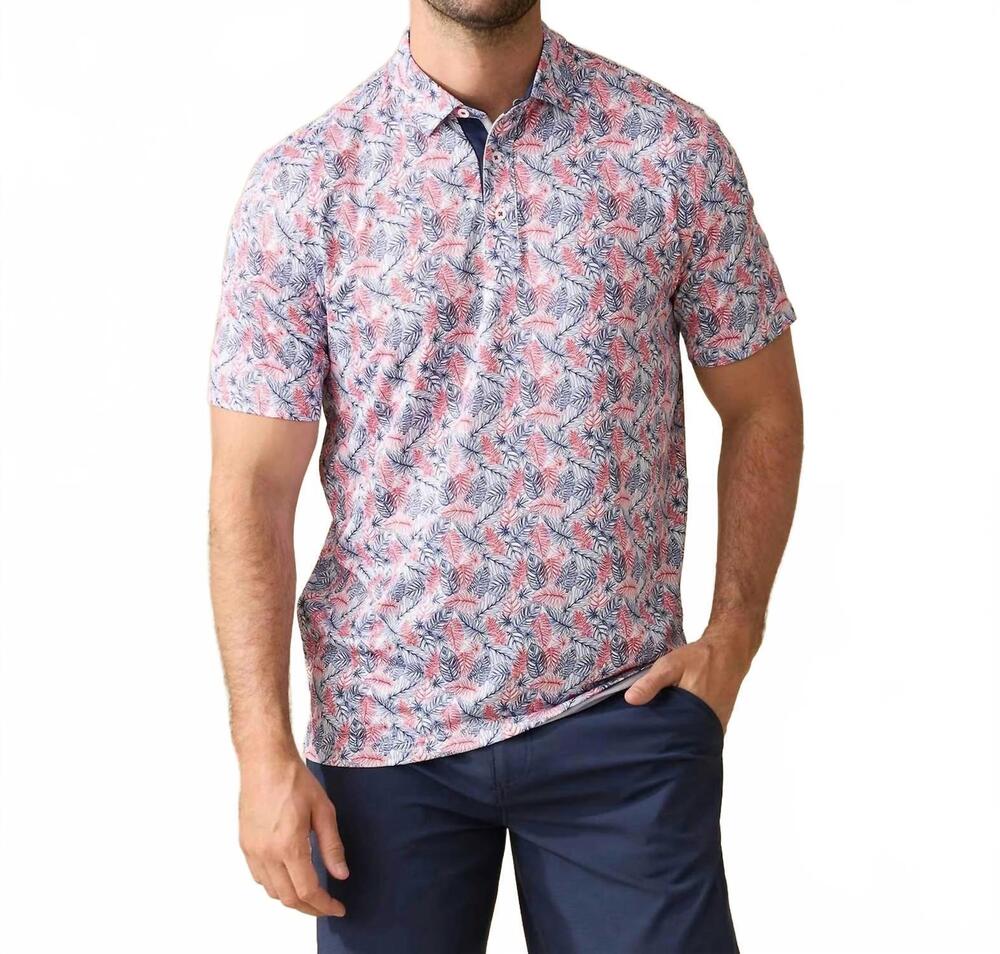 NEW FLAGS & ANTHEM concord short sleeves leaf print performance polo in red/whit